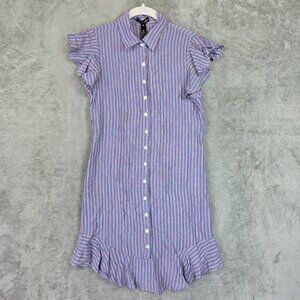 Aqua Shirt Dress Womens XS Blue Striped Rayon Button Front Ruffle Hem Mini